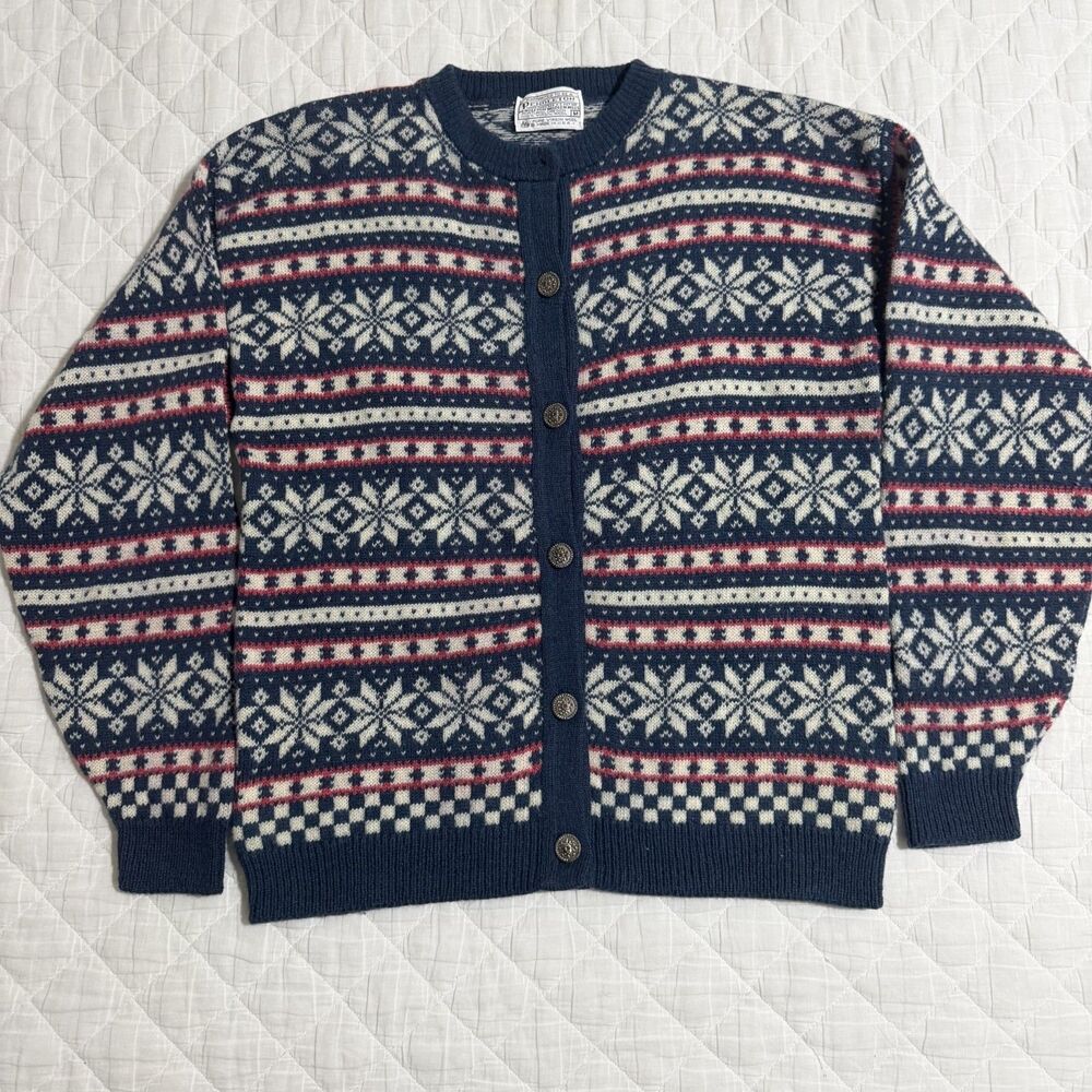 Vintage 70s Pendleton M Blue Wool Patterned Cardigan Sweater